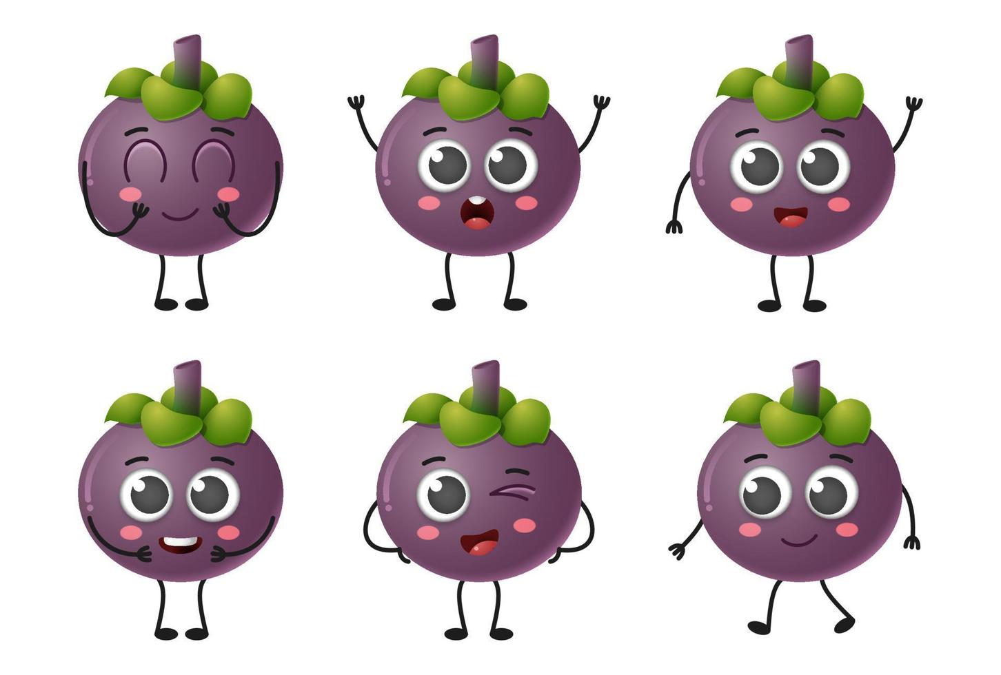 Set of cute cartoon mangosteen fruit vector character set isolated on white background