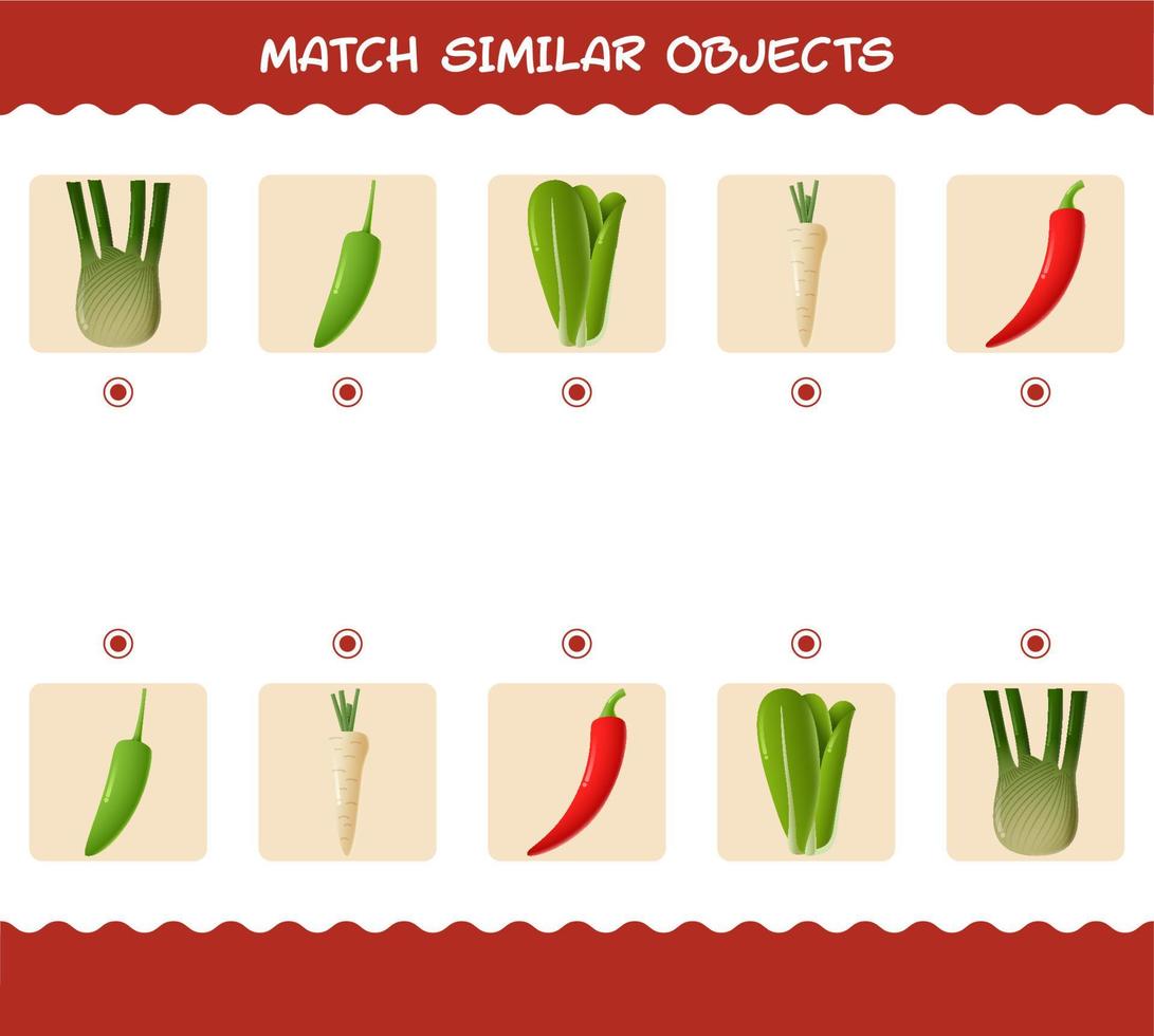 partido similar de verduras de dibujos animados. juego de correspondencias. juego educativo para niños y niños pequeños en edad preescolar vector