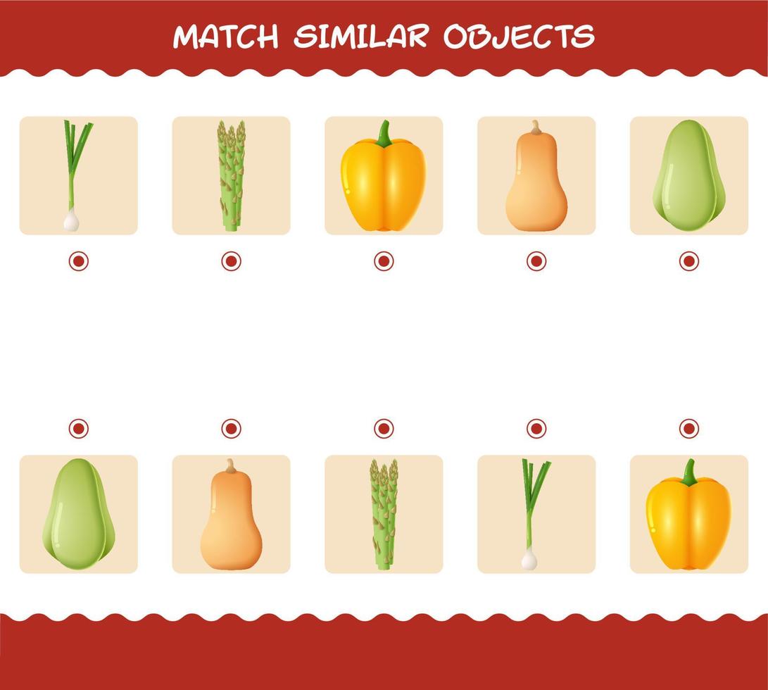 partido similar de verduras de dibujos animados. juego de correspondencias. juego educativo para niños y niños pequeños en edad preescolar vector