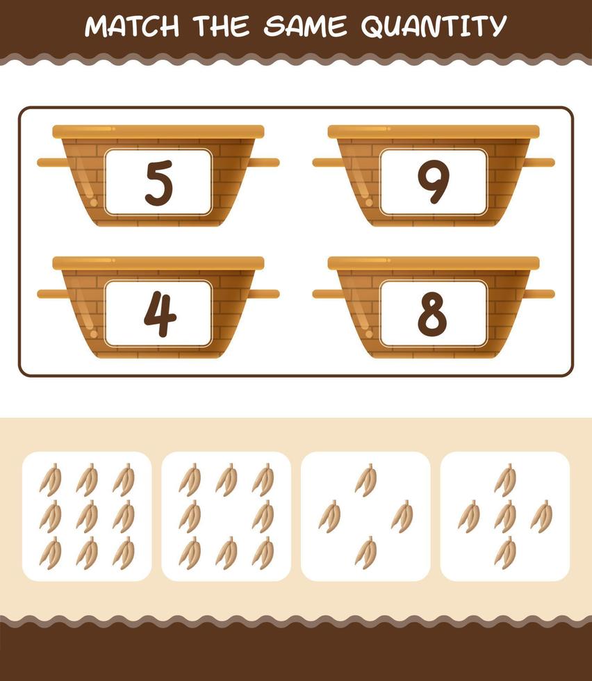 Match the same quantity of cassava. Counting game. Educational game for pre shool years kids and toddlers vector