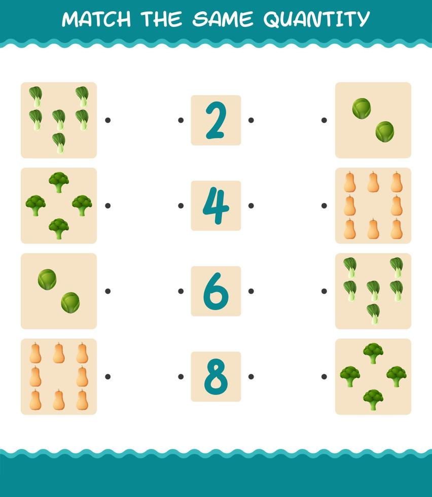 Match the same quantity of vegetables. Counting game. Educational game for pre shool years kids and toddlers vector