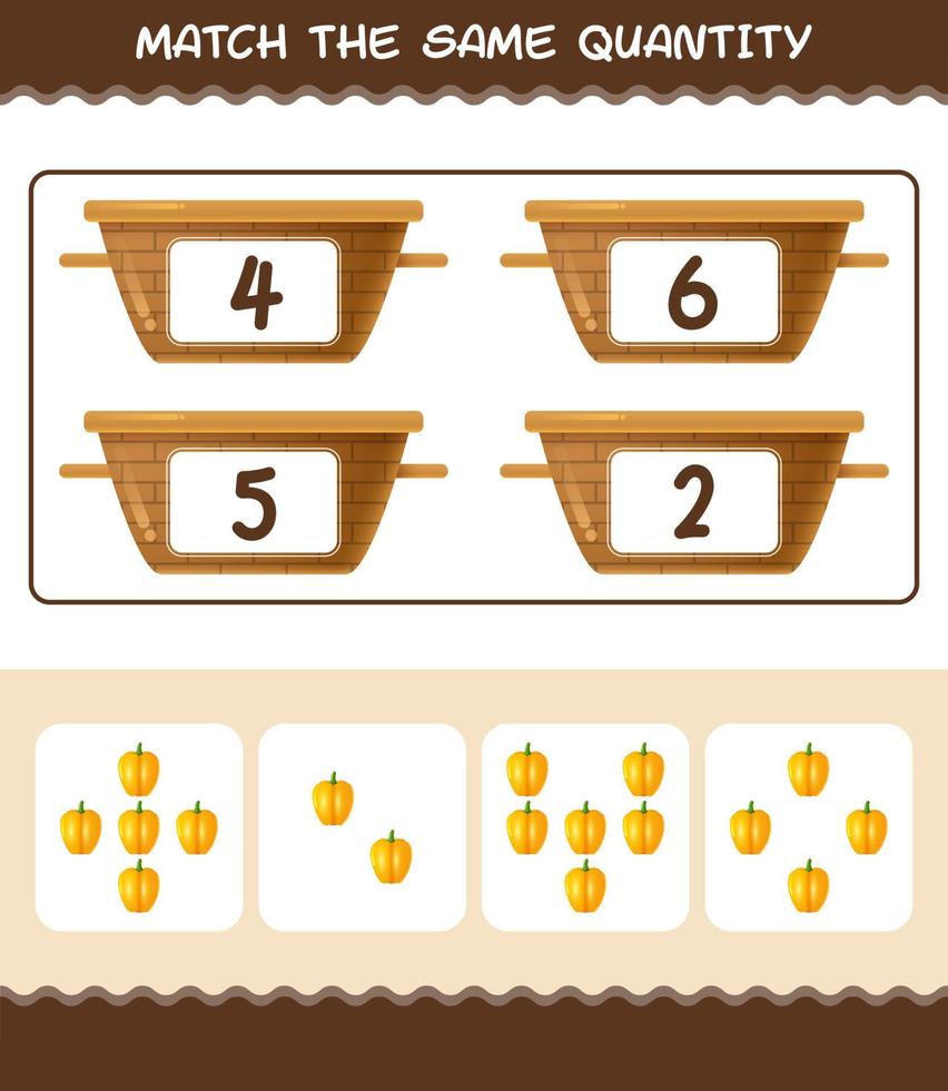 Match the same quantity of bell pepper. Counting game. Educational game for pre shool years kids and toddlers vector