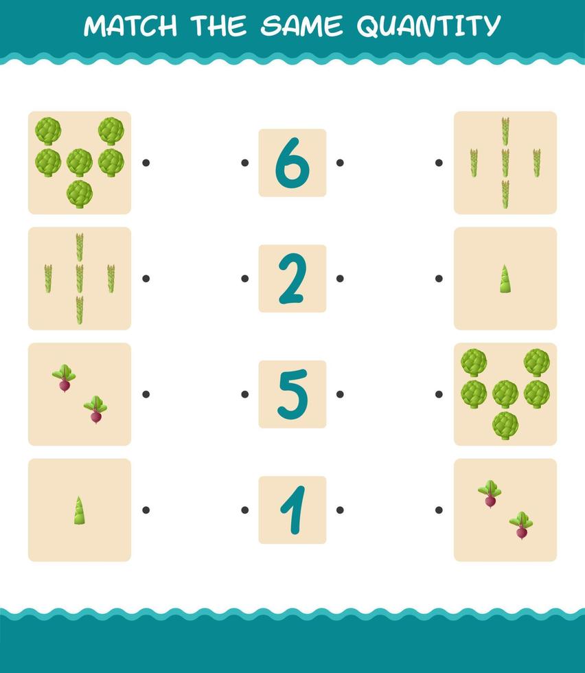 hacer coincidir la misma cantidad de verduras. juego de conteo juego educativo para niños de edad preescolar y niños pequeños vector