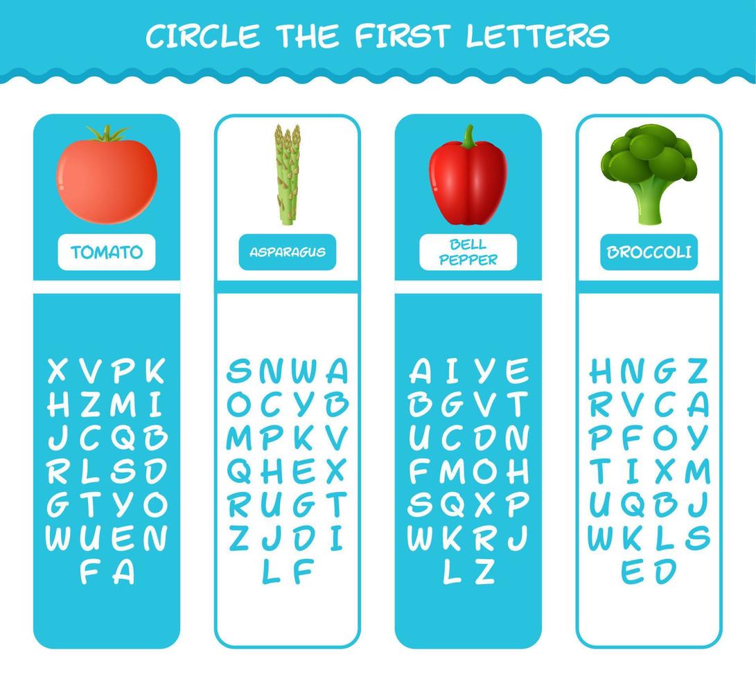 Encierra en un círculo las primeras letras de las verduras de dibujos animados. juego de correspondencias. juego educativo para niños de edad preescolar y niños pequeños vector