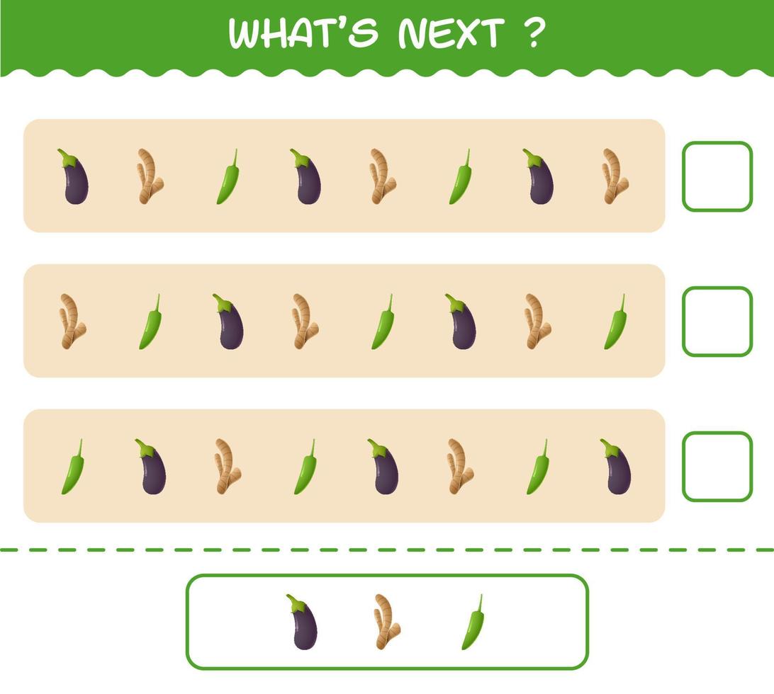 ¿Qué sigue? Juego educativo de verduras de dibujos animados. encuentre la regularidad y continúe la tarea de la fila. juego educativo para niños y niños pequeños en edad preescolar vector