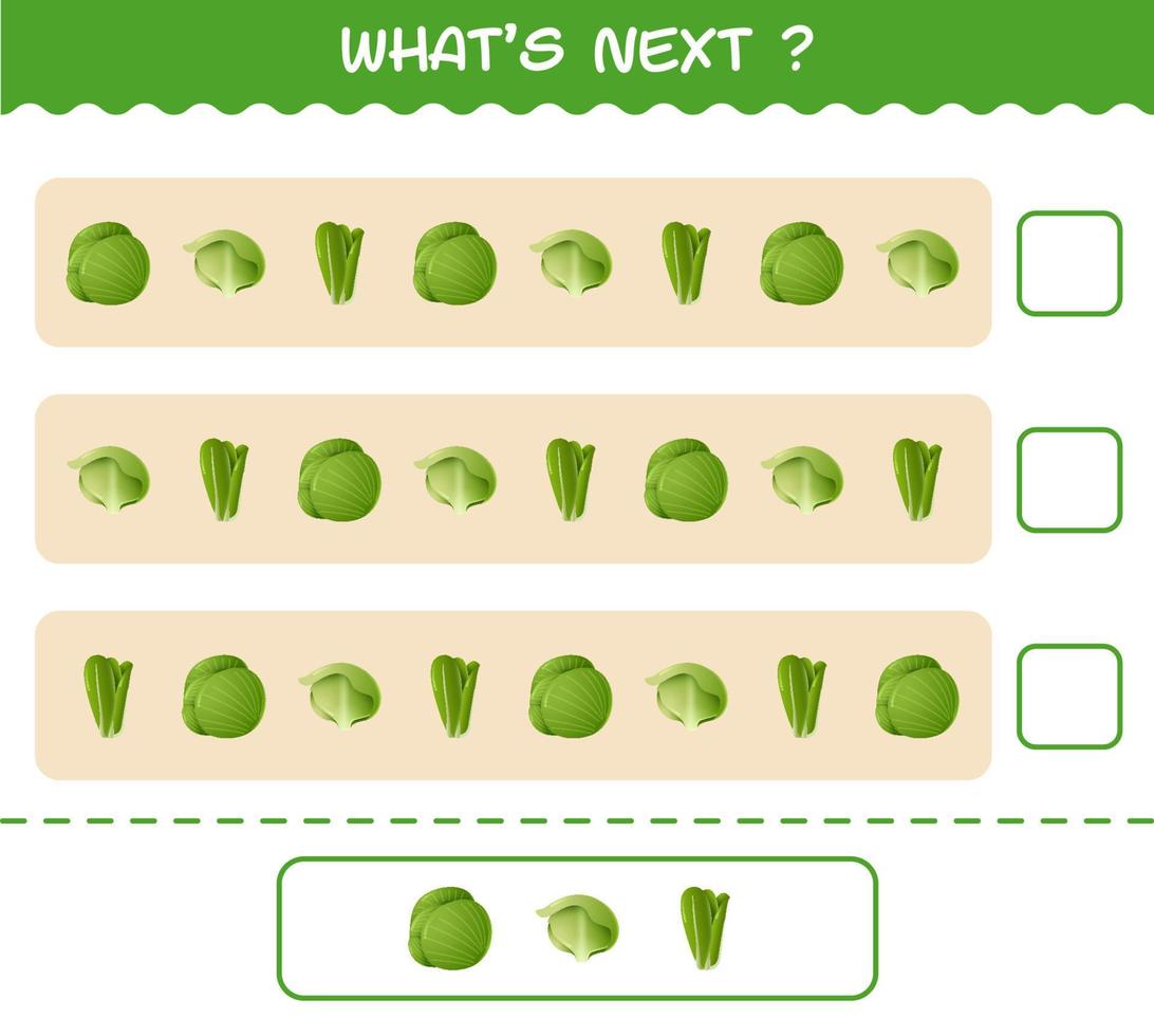 What's comes next educational game of cartoon vegetables. Find the regularity and continue the row task. Educational game for pre shool years kids and toddlers vector