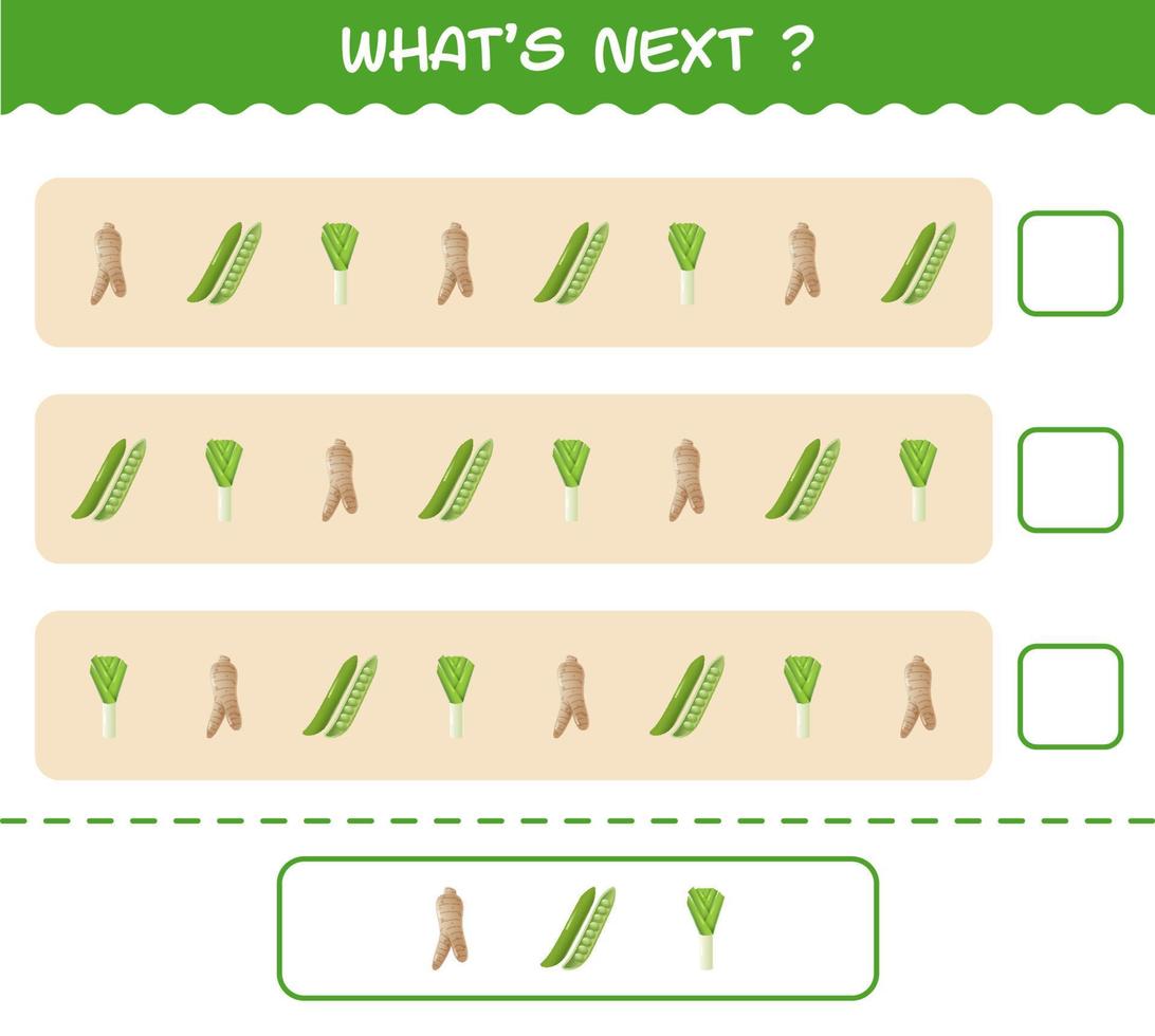 What's comes next educational game of cartoon vegetables. Find the regularity and continue the row task. Educational game for pre shool years kids and toddlers vector