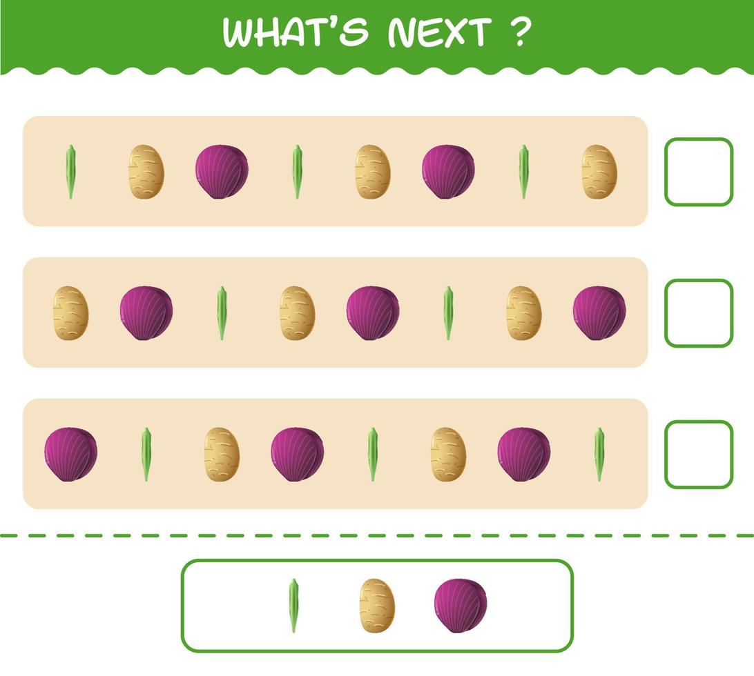 ¿Qué sigue? Juego educativo de verduras de dibujos animados. encuentre la regularidad y continúe la tarea de la fila. juego educativo para niños y niños pequeños en edad preescolar vector