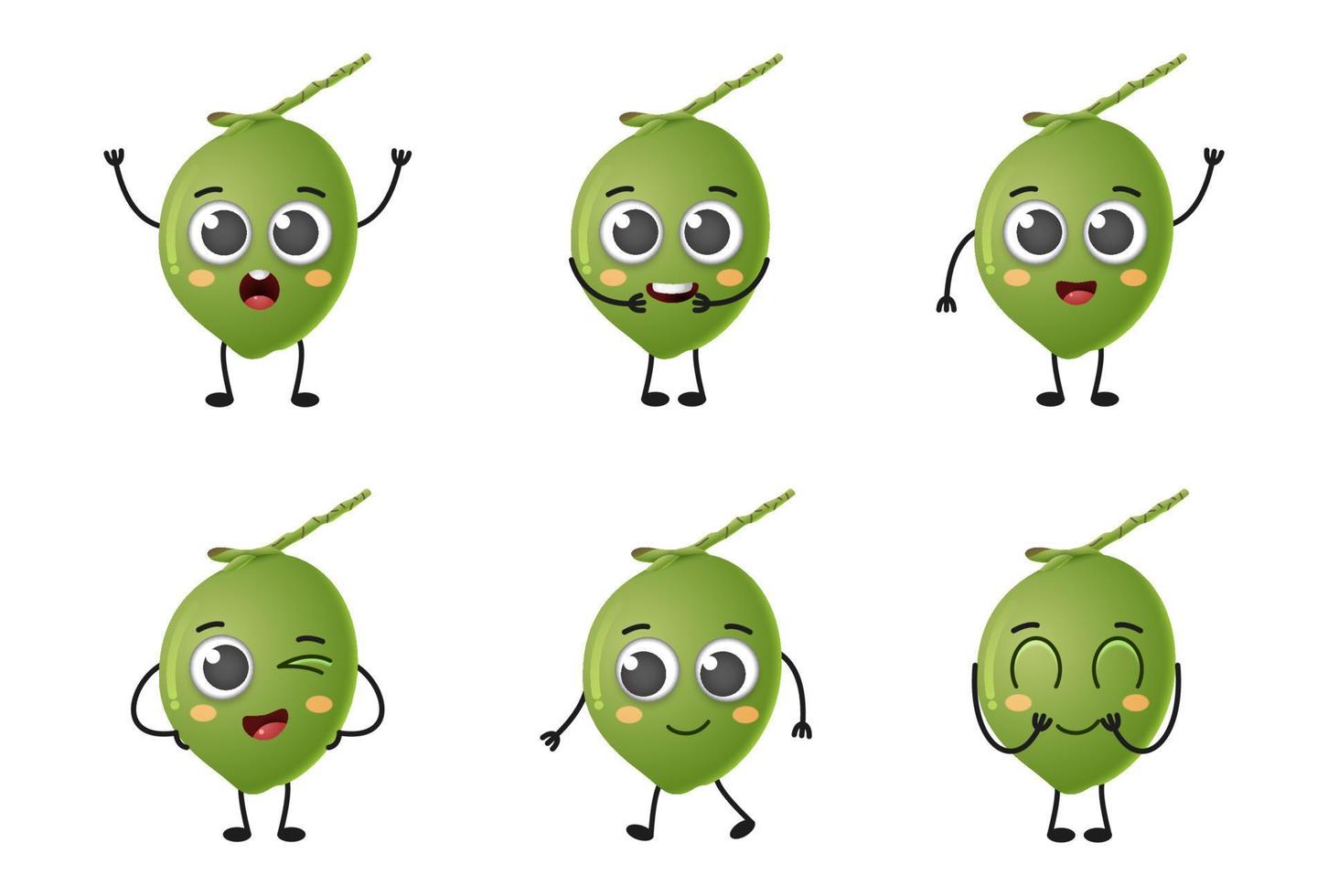 conjunto de caracteres de vector de fruta de coco de dibujos animados lindo conjunto aislado sobre fondo blanco