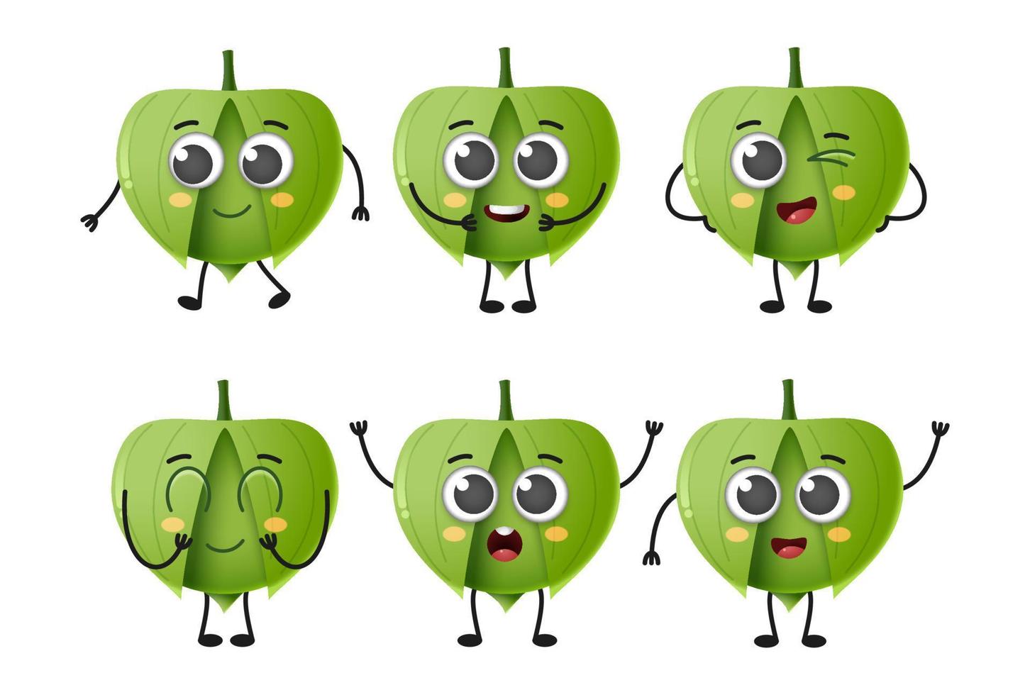 Set of cute cartoon tomatillo vegetables vector character set isolated on white background