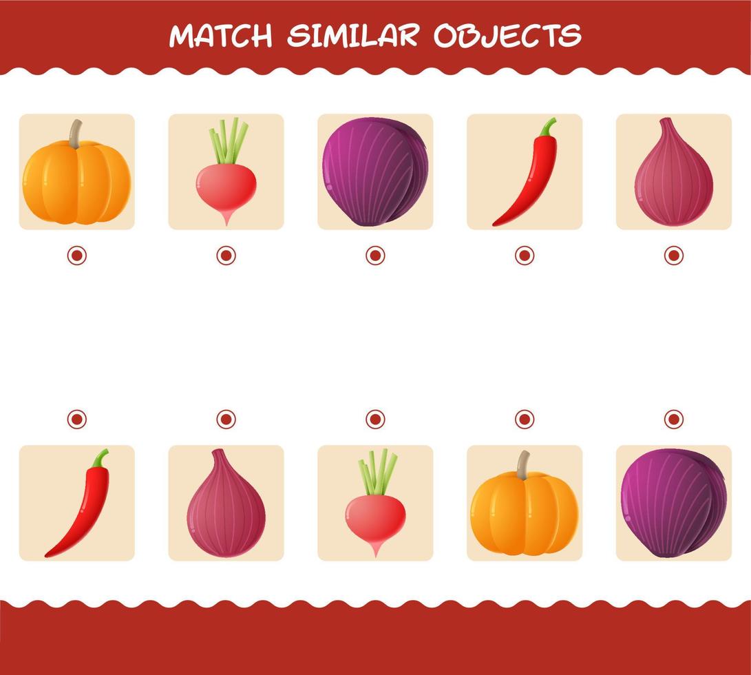 partido similar de verduras de dibujos animados. juego de correspondencias. juego educativo para niños y niños pequeños en edad preescolar vector