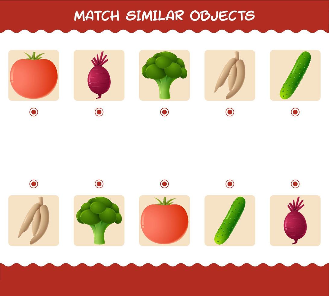 partido similar de verduras de dibujos animados. juego de correspondencias. juego educativo para niños y niños pequeños en edad preescolar vector