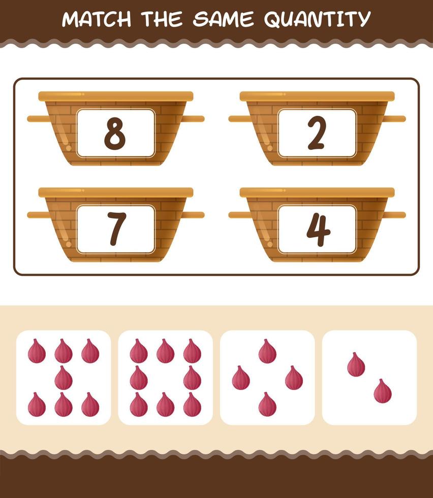 Match the same quantity of red onion. Counting game. Educational game for pre shool years kids and toddlers vector