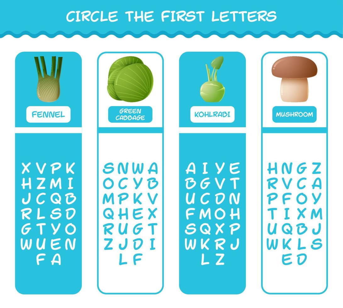 Circle the first letters of cartoon vegetables. Matching game. Educational game for pre shool years kids and toddlers vector