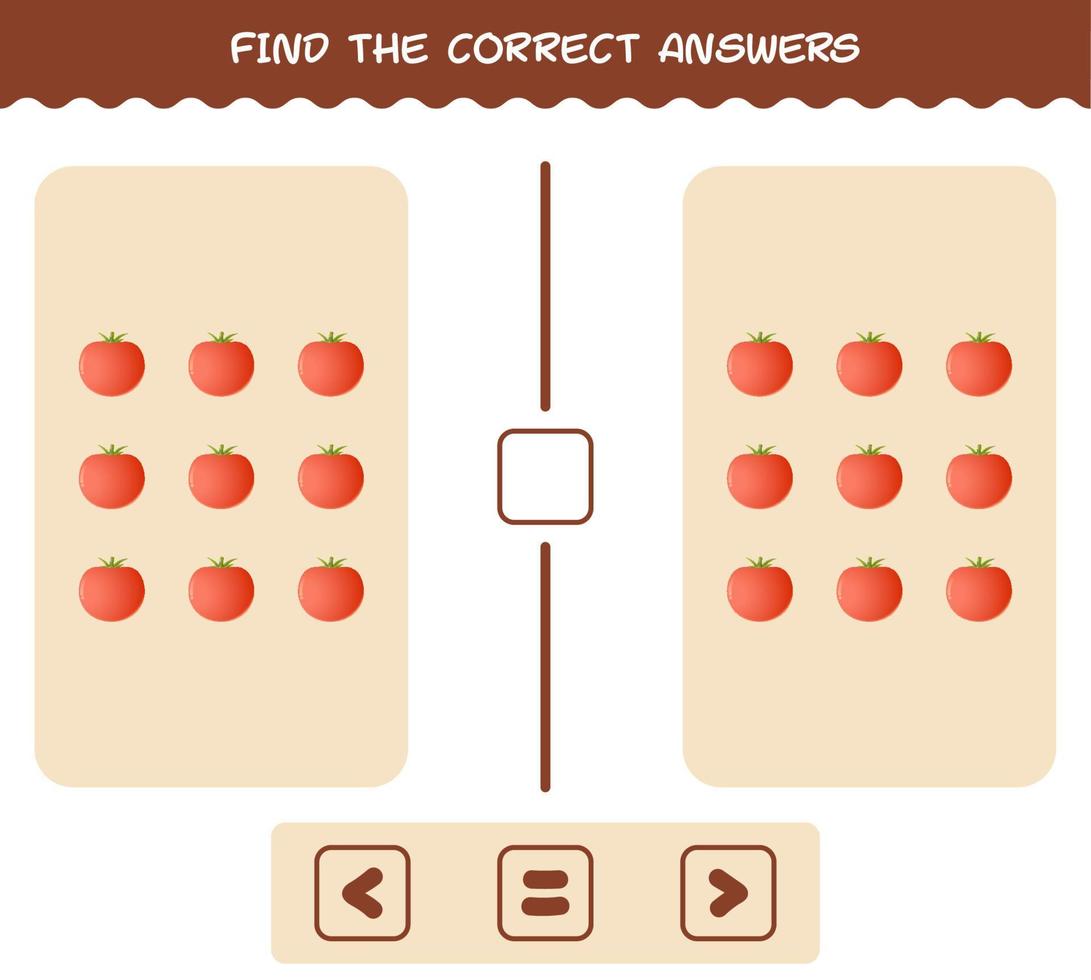 encuentra las respuestas correctas del tomate de dibujos animados. Juego de buscar y contar. juego educativo para niños de edad preescolar y niños pequeños vector