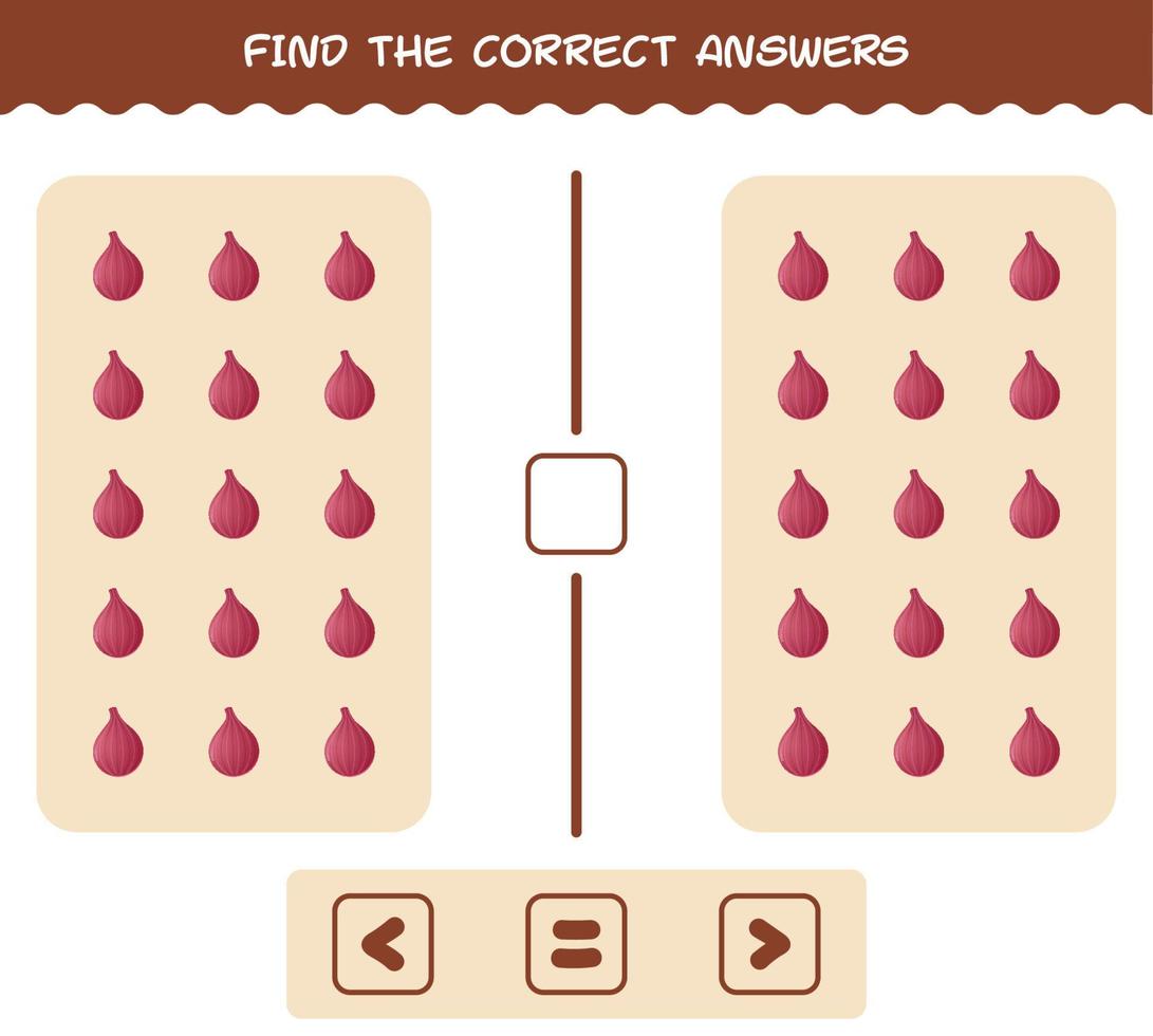 encuentra las respuestas correctas de la cebolla roja de dibujos animados. Juego de buscar y contar. juego educativo para niños de edad preescolar y niños pequeños vector