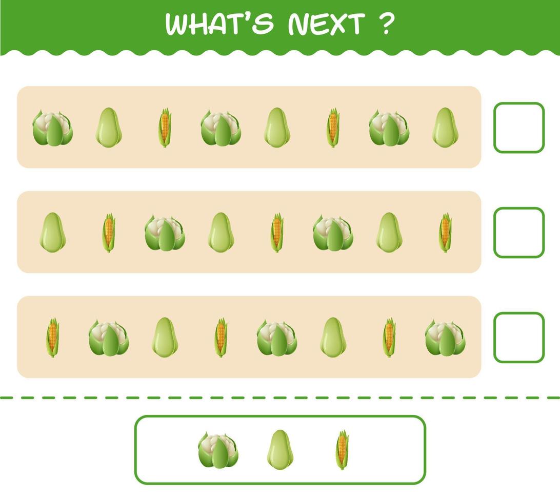 What's comes next educational game of cartoon vegetables. Find the regularity and continue the row task. Educational game for pre shool years kids and toddlers vector