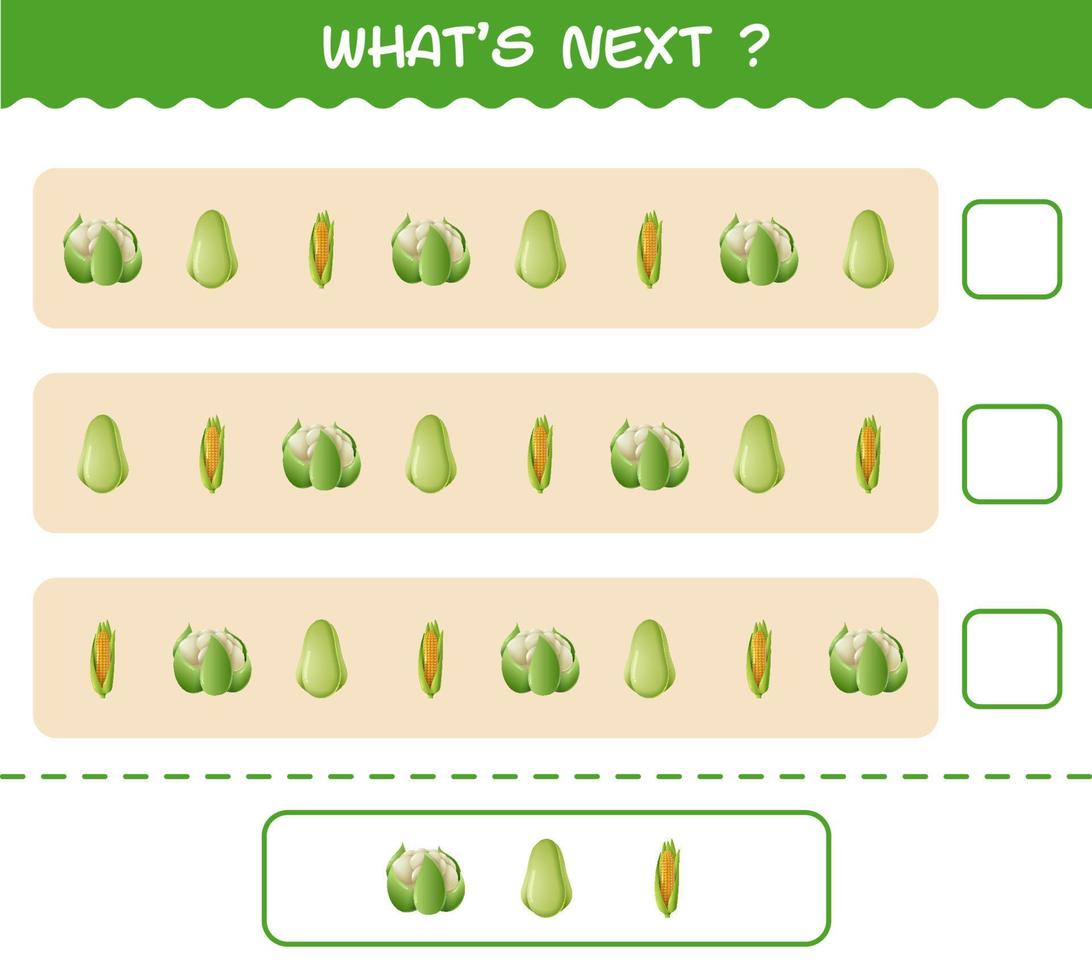 ¿Qué sigue? Juego educativo de verduras de dibujos animados. encuentre la regularidad y continúe la tarea de la fila. juego educativo para niños y niños pequeños en edad preescolar vector