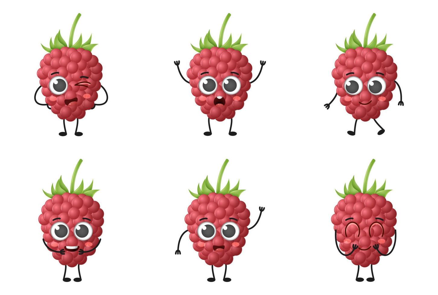 Set of cute cartoon raspberry fruit vector character set isolated on white background