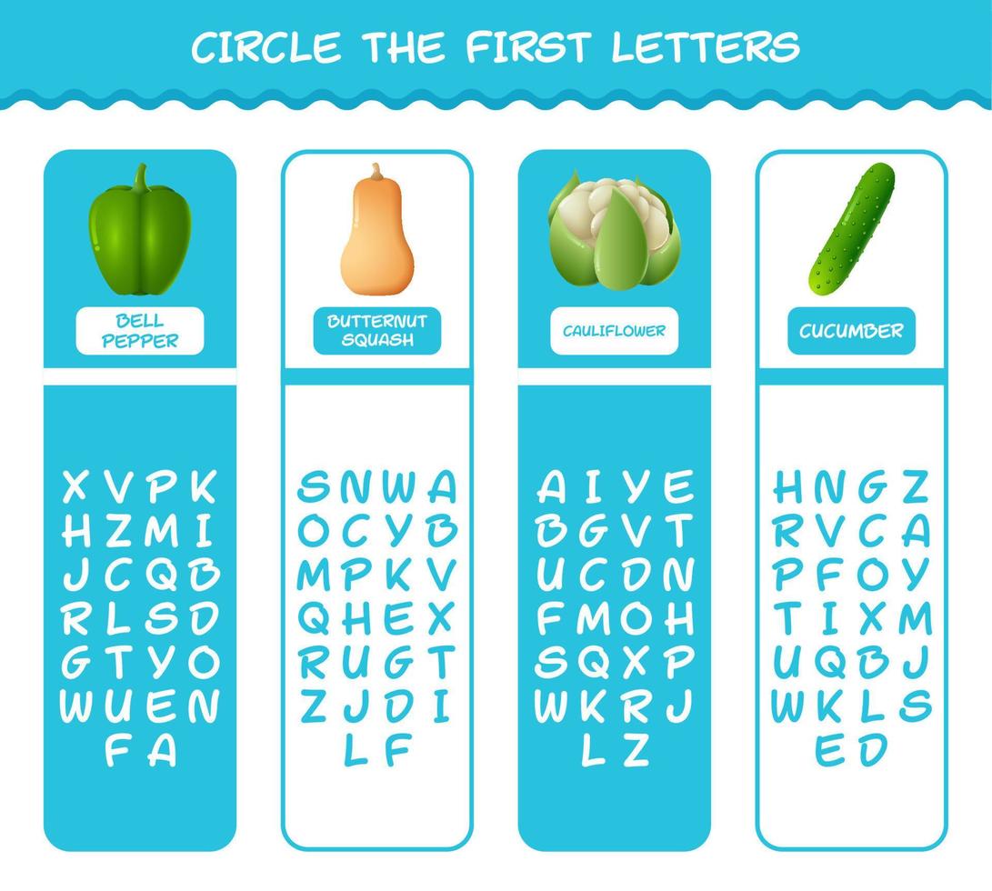 Circle the first letters of cartoon vegetables. Matching game. Educational game for pre shool years kids and toddlers vector