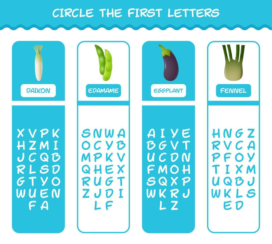 Encierra en un círculo las primeras letras de las verduras de dibujos animados. juego de correspondencias. juego educativo para niños de edad preescolar y niños pequeños vector