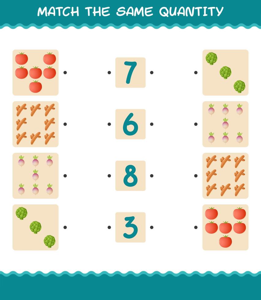 Match the same quantity of vegetables. Counting game. Educational game for pre shool years kids and toddlers vector