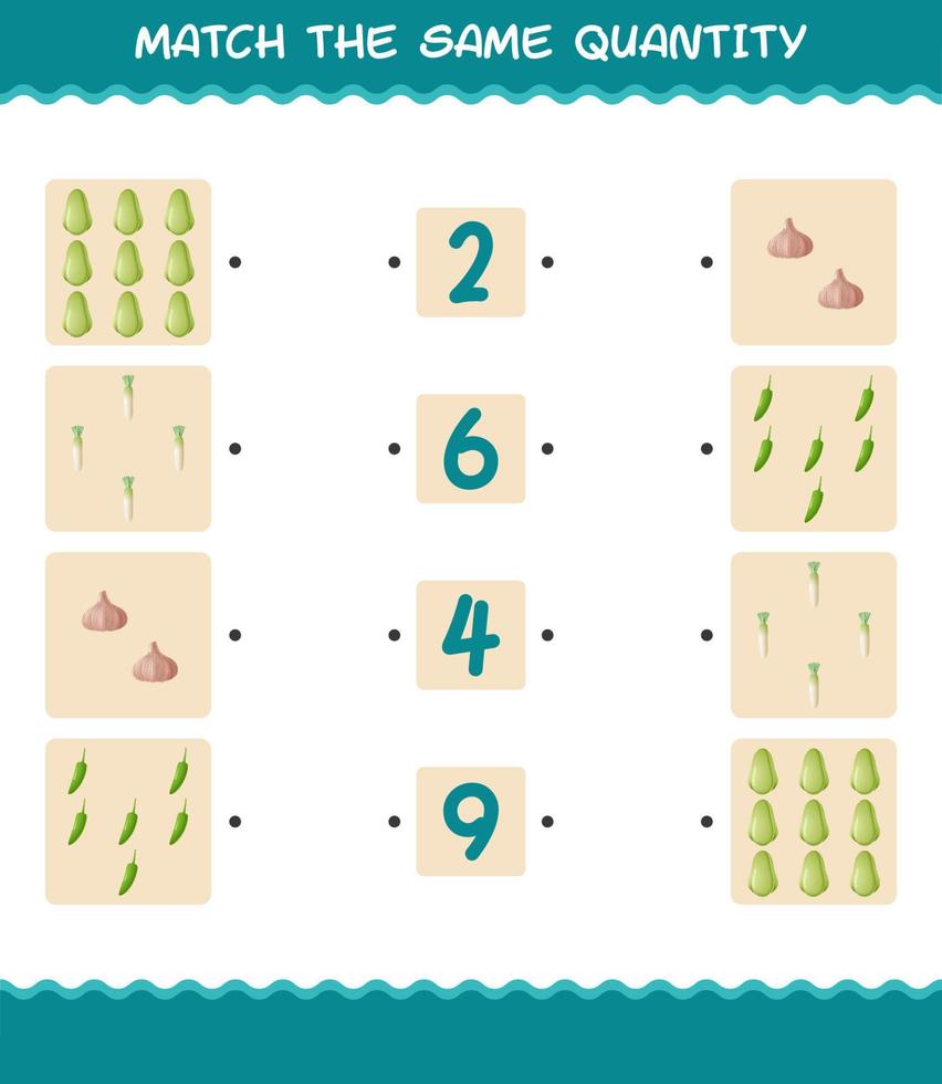 Match the same quantity of vegetables. Counting game. Educational game for pre shool years kids and toddlers vector