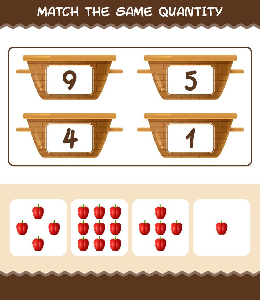 Match the same quantity of bell pepper. Counting game. Educational game for pre shool years kids and toddlers vector