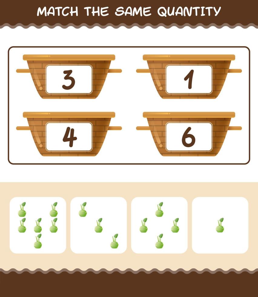 Match the same quantity of kohlrabi. Counting game. Educational game for pre shool years kids and toddlers vector