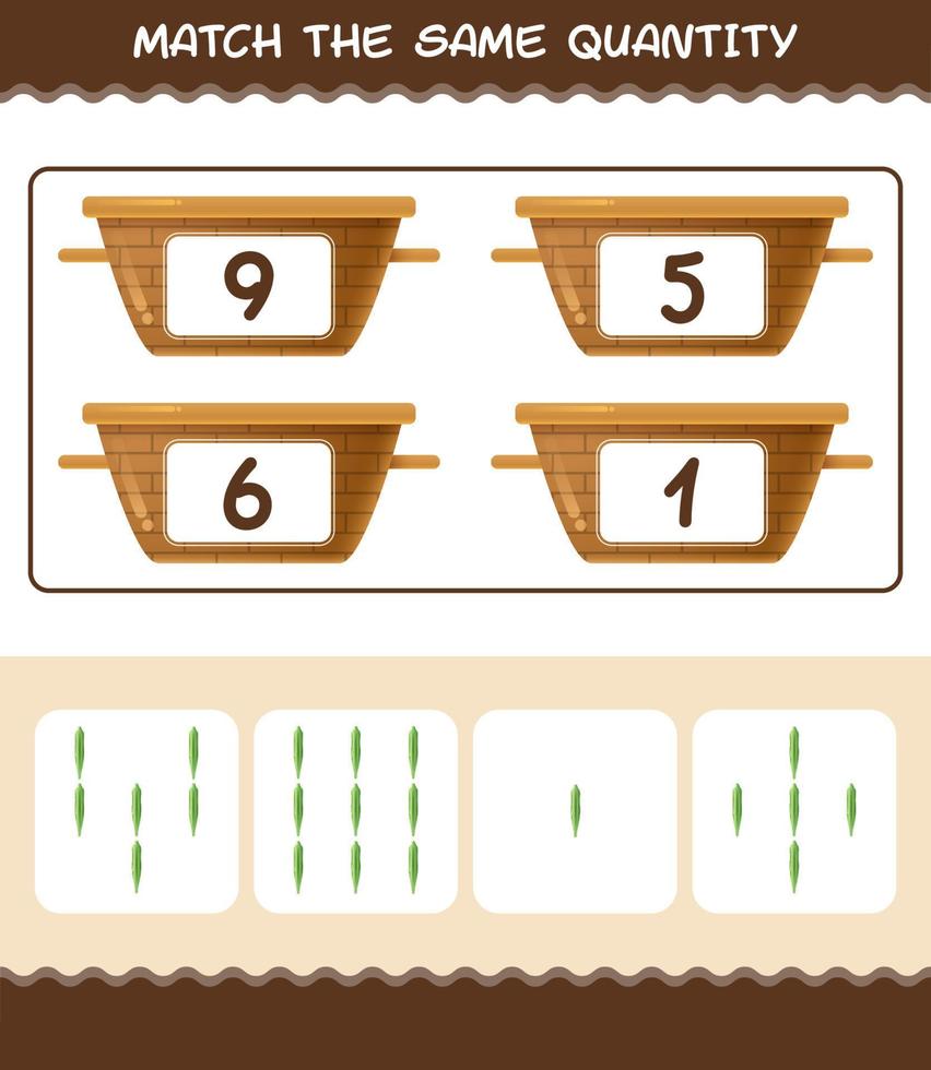 Match the same quantity of okra. Counting game. Educational game for pre shool years kids and toddlers vector