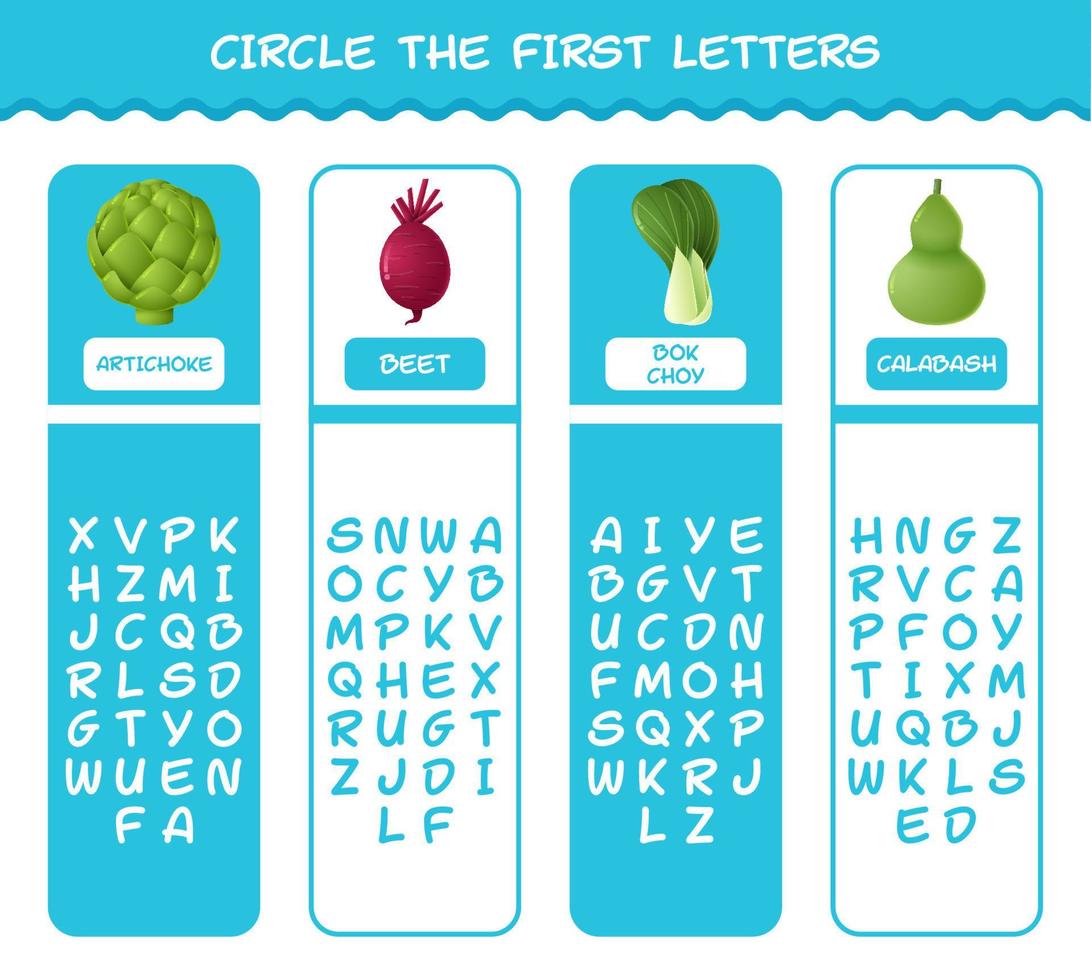 Encierra en un círculo las primeras letras de las verduras de dibujos animados. juego de correspondencias. juego educativo para niños de edad preescolar y niños pequeños vector