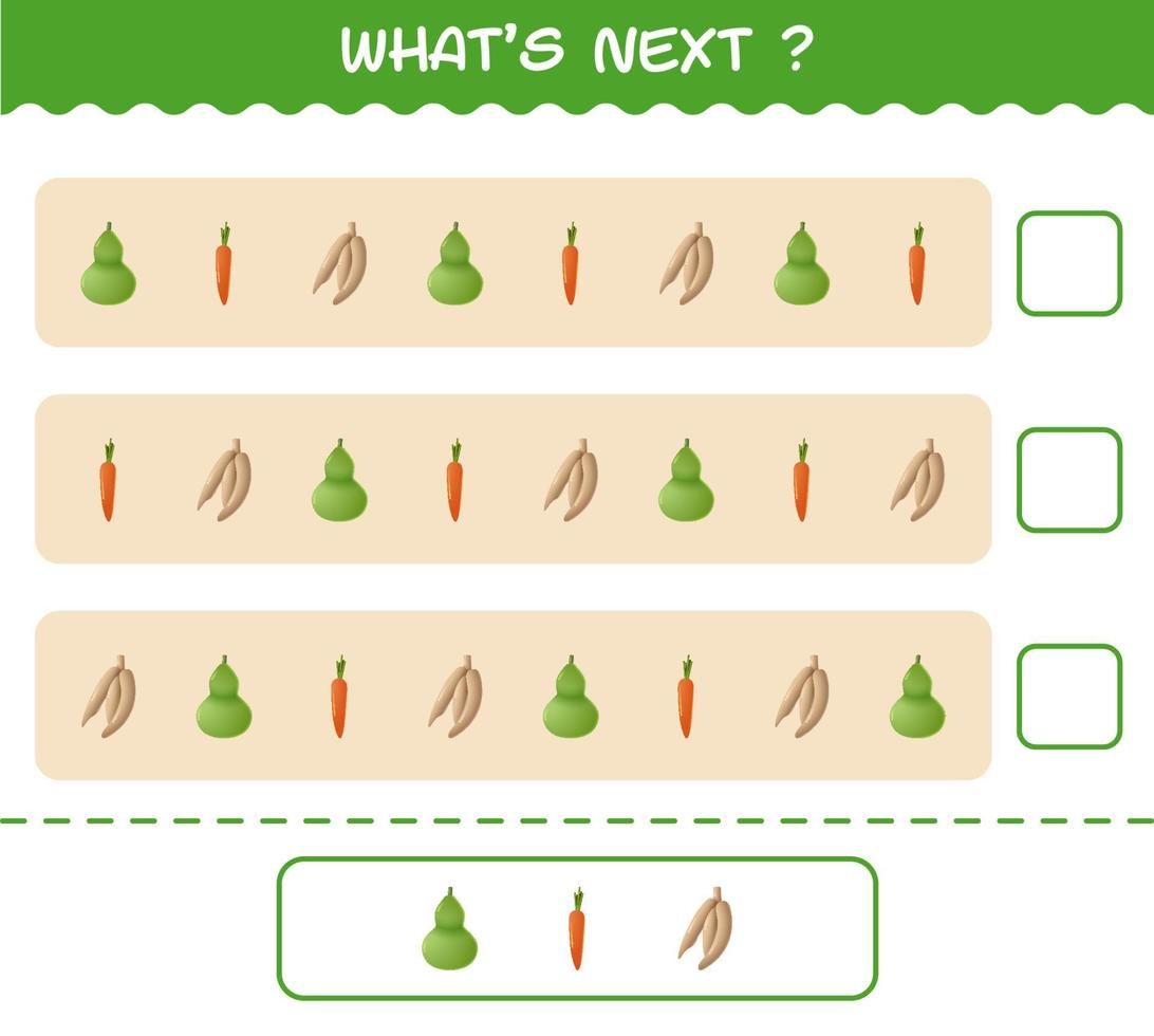 ¿Qué sigue? Juego educativo de verduras de dibujos animados. encuentre la regularidad y continúe la tarea de la fila. juego educativo para niños y niños pequeños en edad preescolar vector