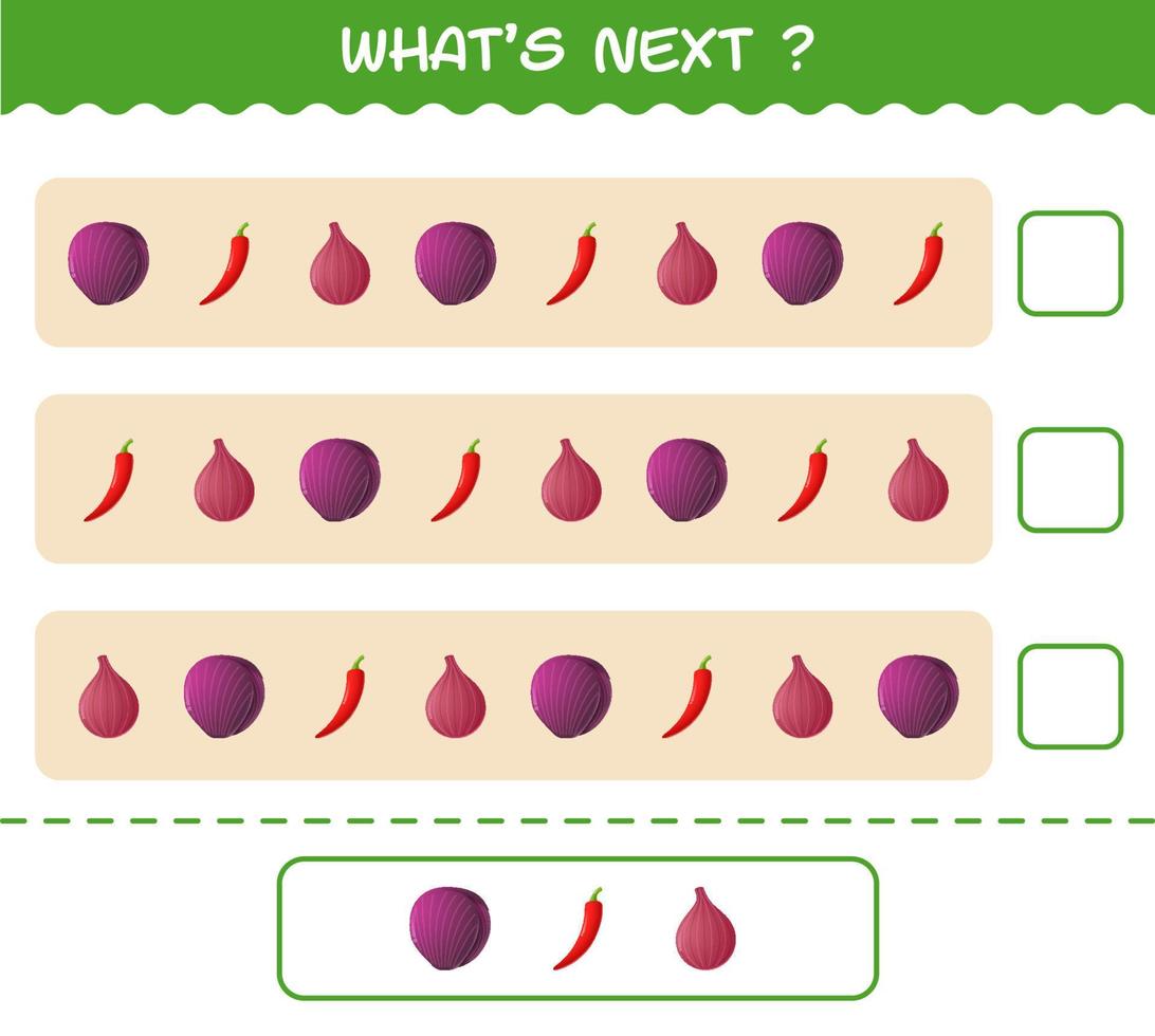 ¿Qué sigue? Juego educativo de verduras de dibujos animados. encuentre la regularidad y continúe la tarea de la fila. juego educativo para niños y niños pequeños en edad preescolar vector