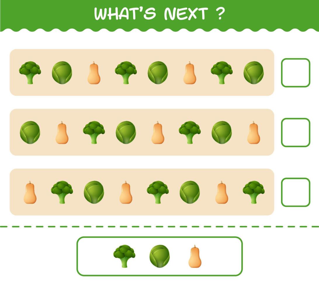 What's comes next educational game of cartoon vegetables. Find the regularity and continue the row task. Educational game for pre shool years kids and toddlers vector