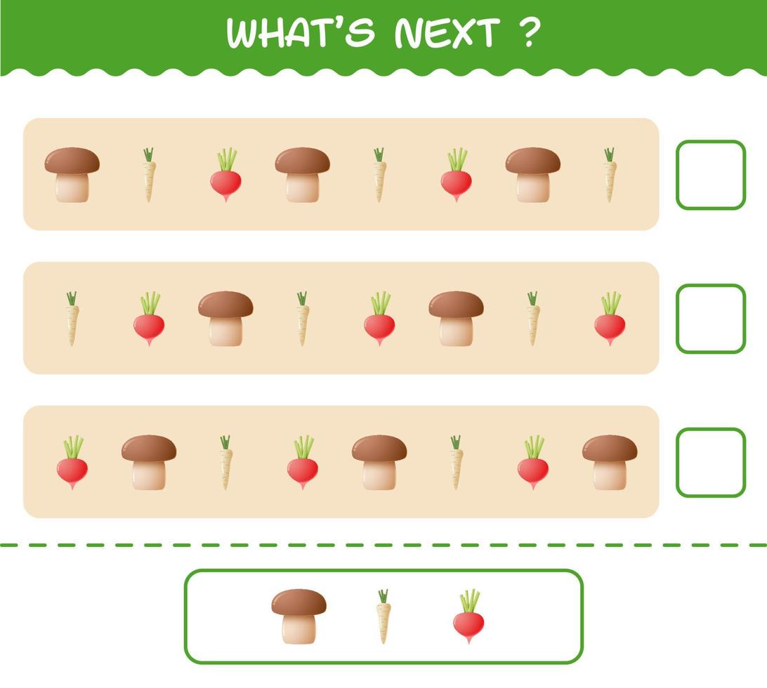 What's comes next educational game of cartoon vegetables. Find the regularity and continue the row task. Educational game for pre shool years kids and toddlers vector