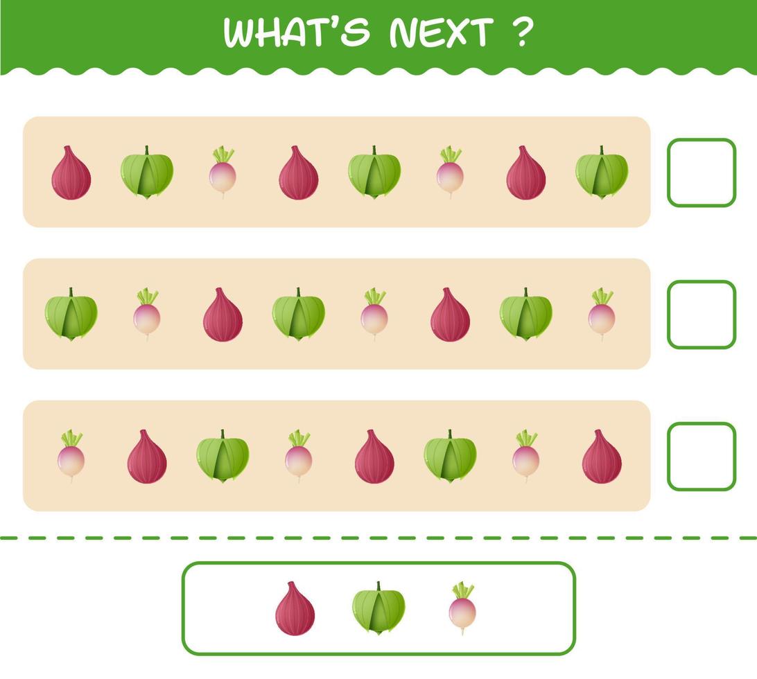 What's comes next educational game of cartoon vegetables. Find the regularity and continue the row task. Educational game for pre shool years kids and toddlers vector