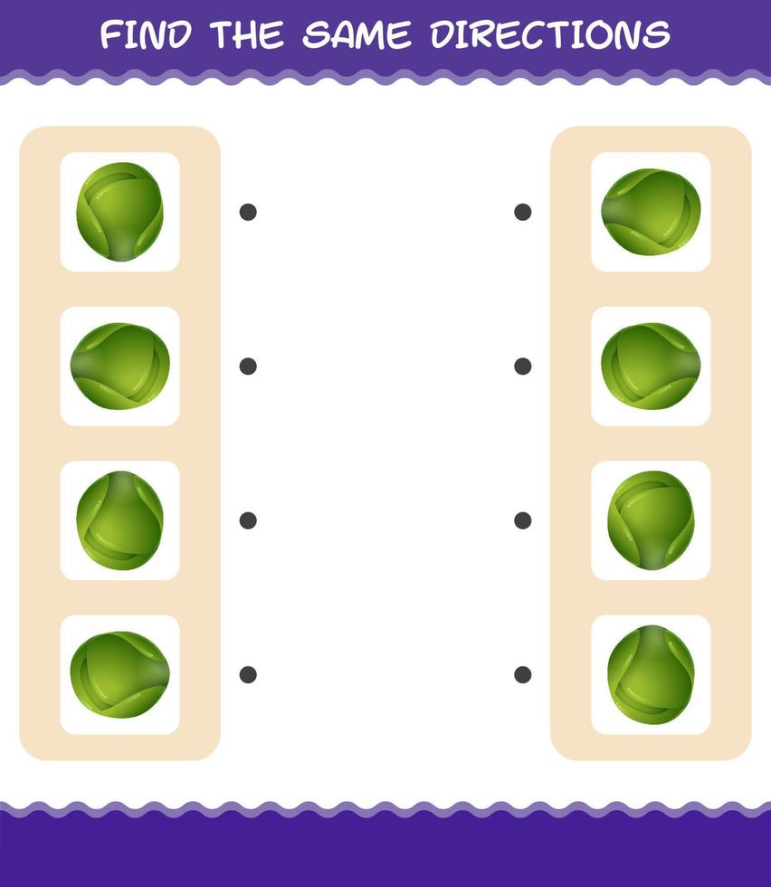 Match the same directions of brussels sprout. Matching game. Educational game for pre shool years kids and toddlers vector