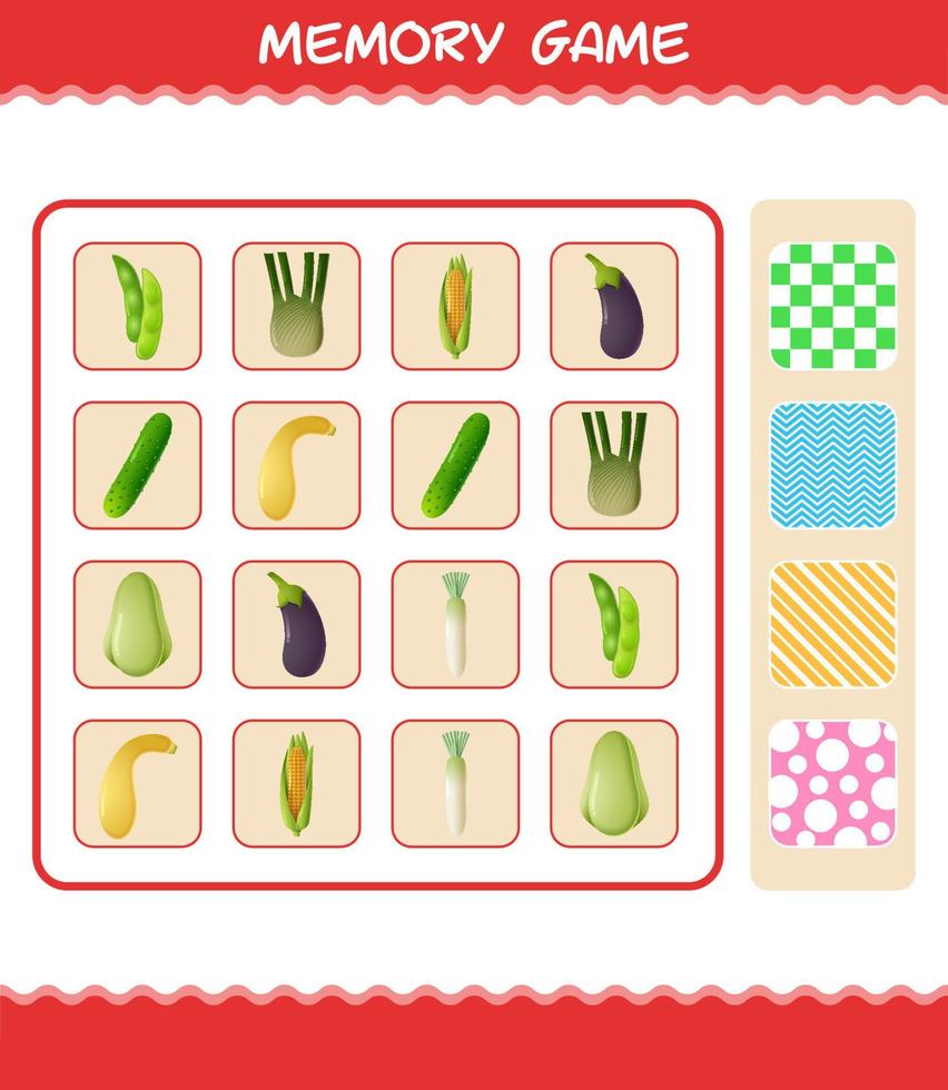 Memory games with cartoon vegetables. Learning cards game. Educational game for pre shool years kids and toddlers vector