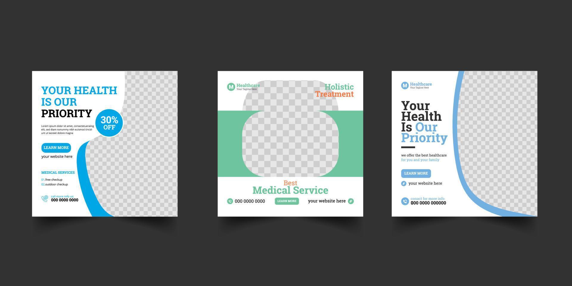 diseño de plantilla de publicación de redes sociales de servicio de atención médica profesional. folleto de marketing digital de clínica u hospital para web vector