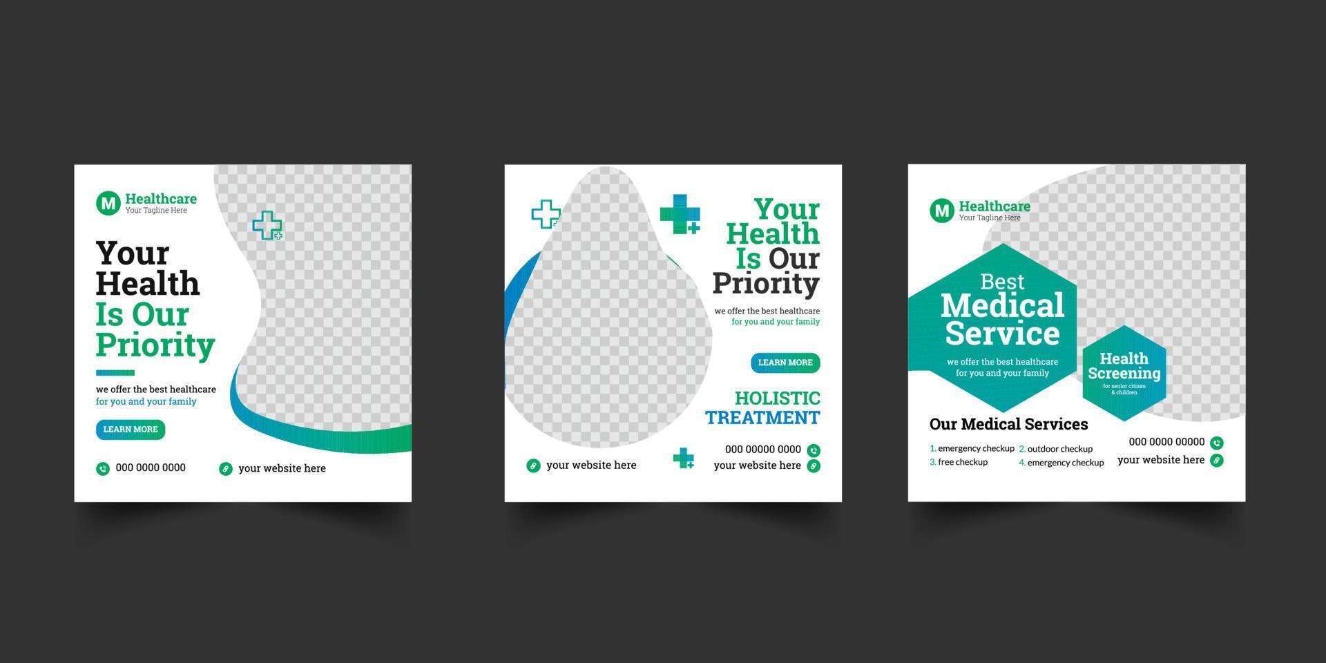 set of medical social media post template design vector