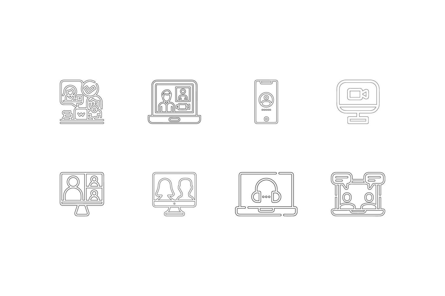 video call icons set, outline style vector