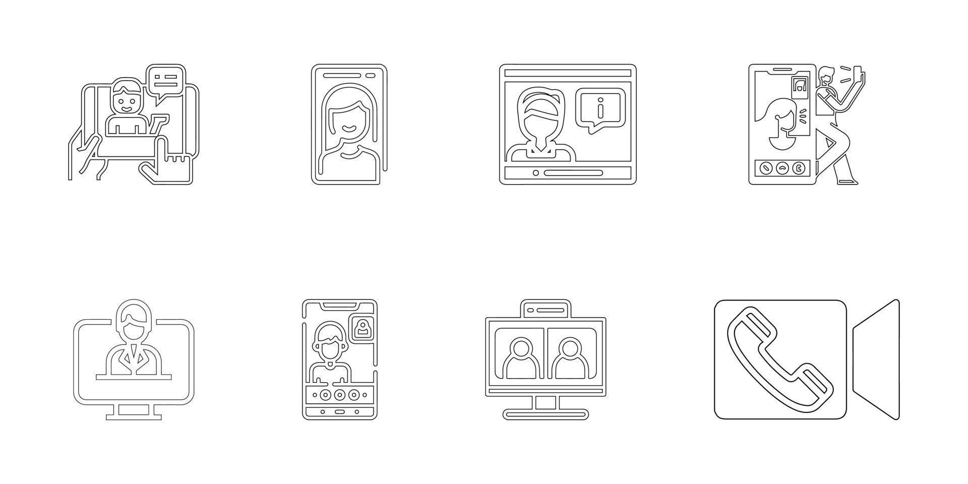 video call icons set, outline style vector