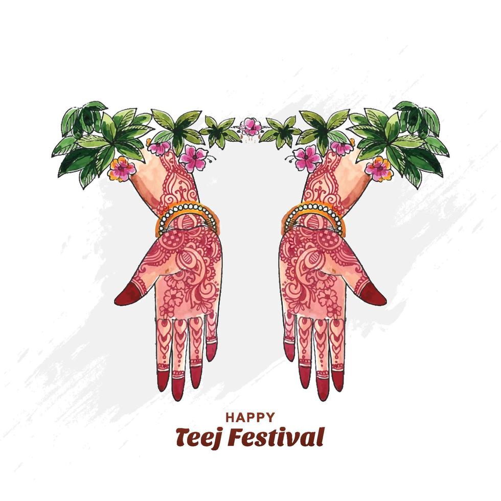 mujer mano mehndi hariyali teej festival hindú fondo de tarjeta de felicitación vector