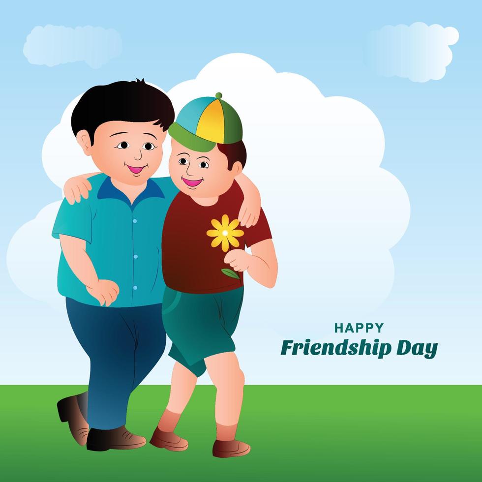 Happy friendship day greeting card with two kids child friends background vector