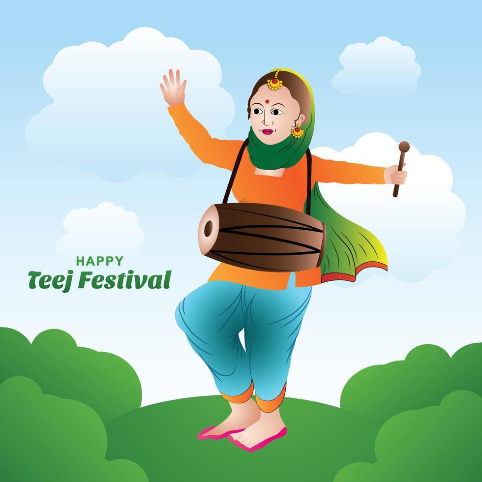 Happy hariyali teej festival with woman dancing card design vector