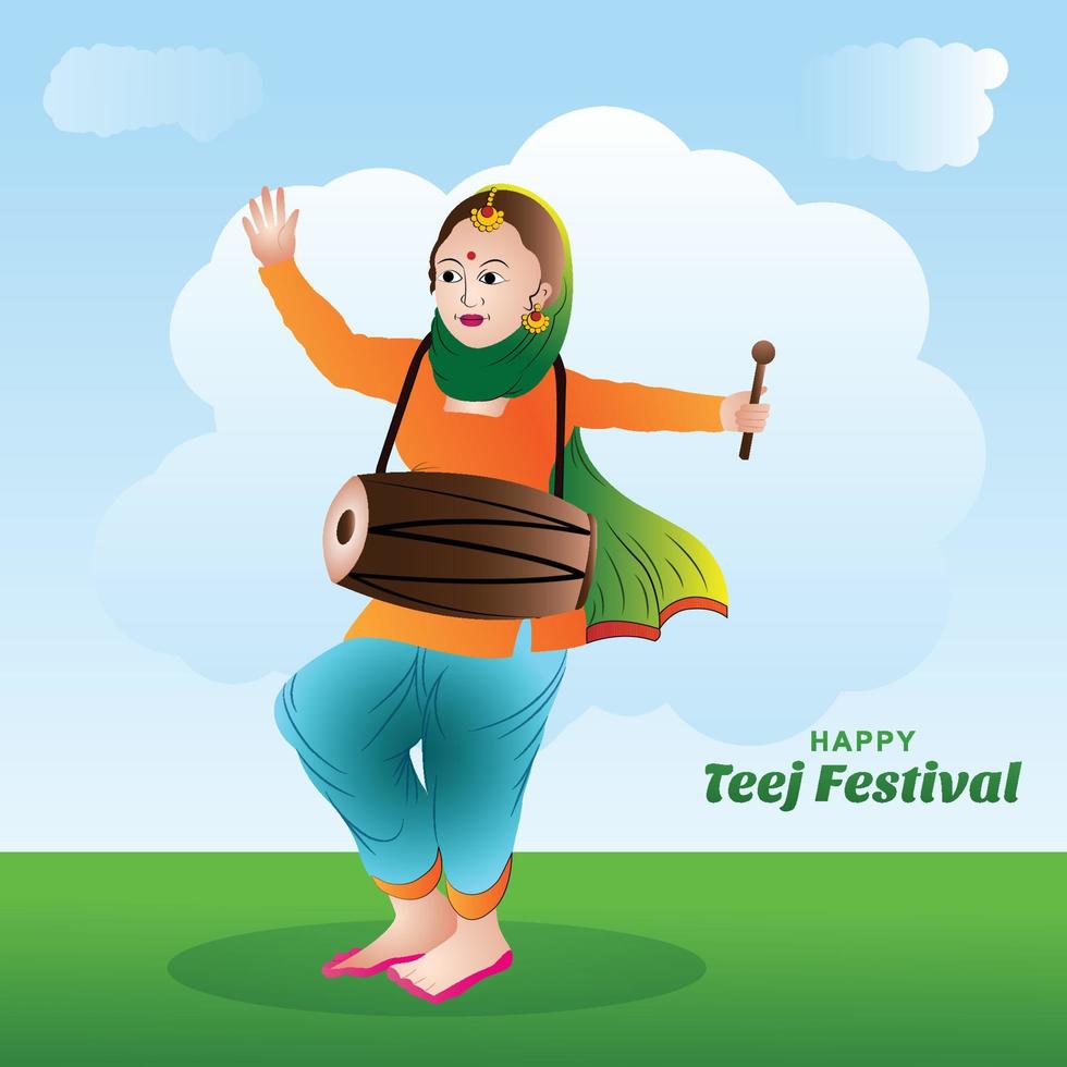 Happy hariyali teej festival with woman dancing card design vector