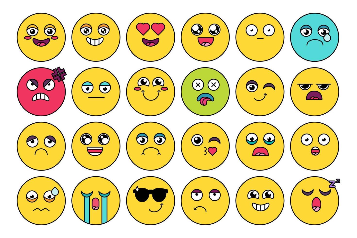 cómic, lindo paquete de pegatinas emoji vector