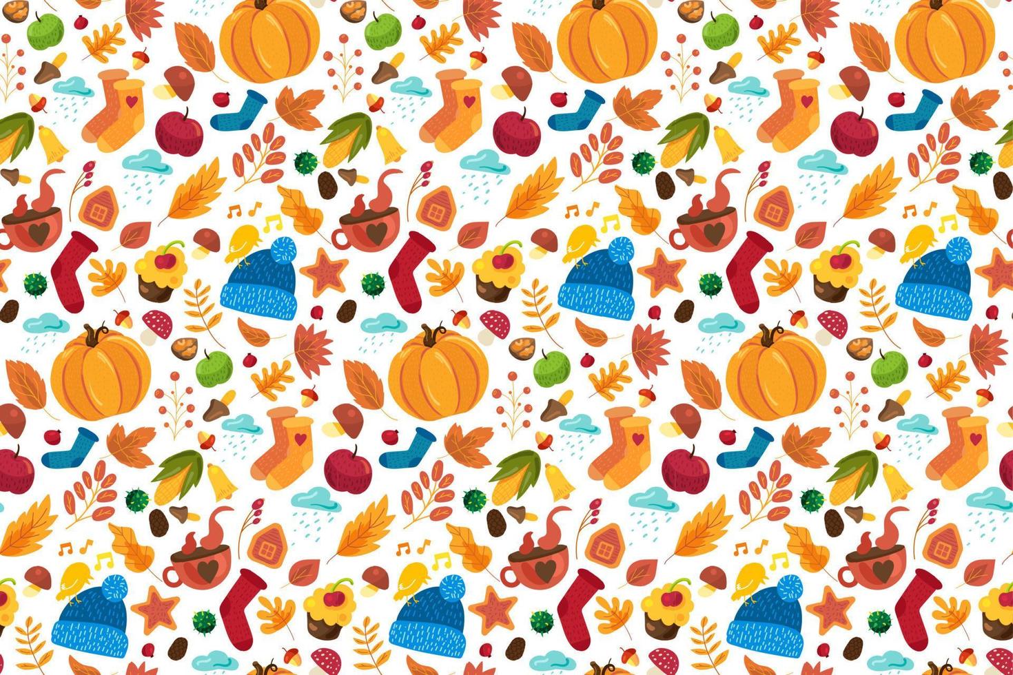 Autumn pattern with cute fall symbols ornament vector