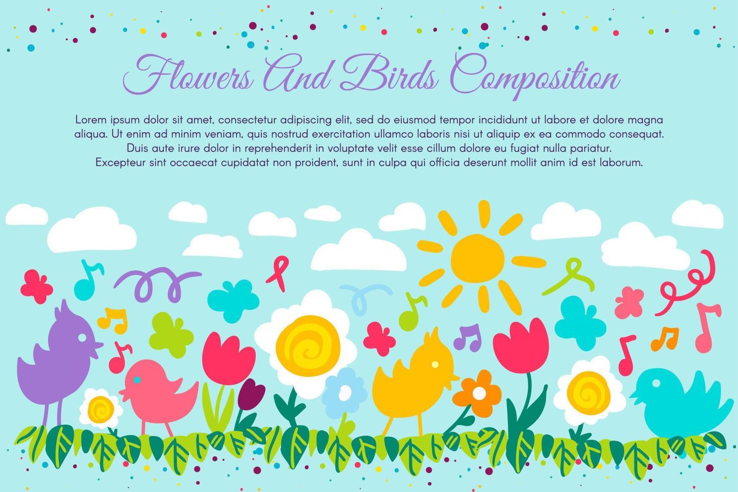 Birds and flowers flat banner with copyspace vector