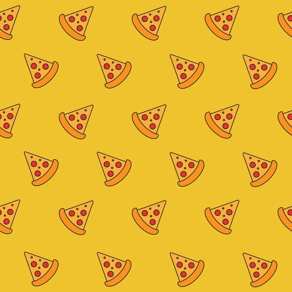 Seamless pattern with pizza slice icons on yellow background. Fast food vector